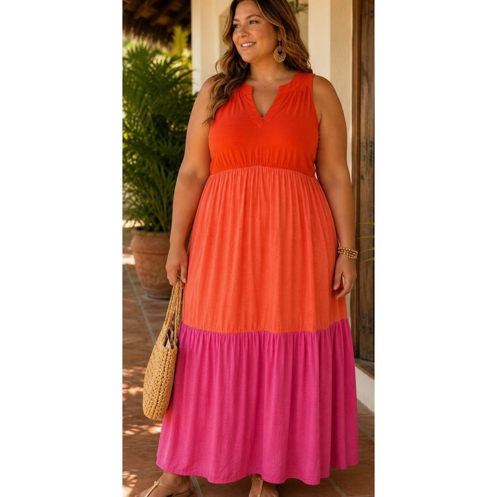 J Jill Tiered Maxi Dress Sleeveless Colorblock Size XL Gauzy Resort Travel Vaca